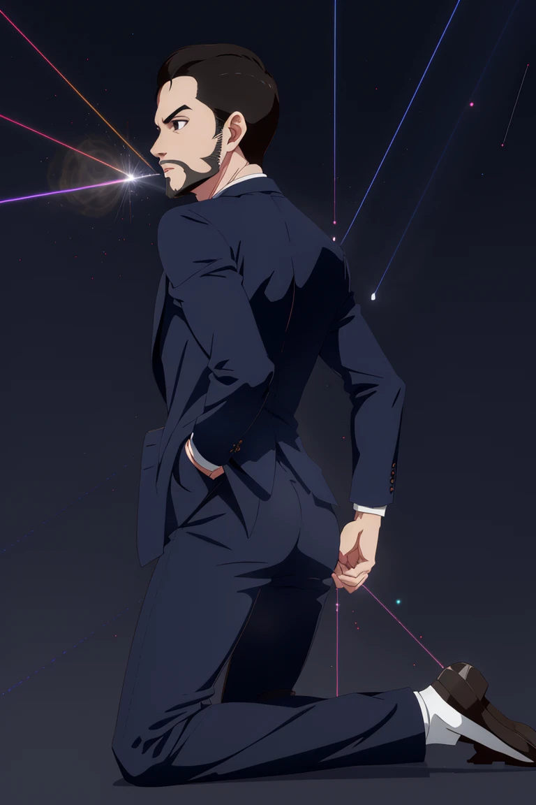 solo male, Maeda, Asobi Asobase, butler, black hair, short hair, black eyes, facial hair, dark blue 3 Piece Suit, formal, white collared shirt, red necktie, dark blue vest, dark blue jacket, dark blue pants, mature, handsome, charming, alluring, calm, polite, kneeling, perfect anatomy, perfect proportions, best quality, masterpiece, high_resolution simple background, (((shoot strong white lasers from his buttocks, lift up butt)))<lora:EMS-311919-EMS:0.700000>