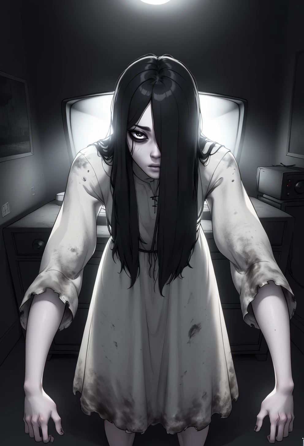 Sadako, soaking, wet robe, gray colored skin, Hair covers the face, sexy for.Sadako crawled out of the TV,A woman lying on the floor in front of the TV, japanese horror, style of hajime isayama, japanese horror movie footage, Junji Ito 4K, japanese pop surrealism, Low Key Lighting, Underexpose Lighting
