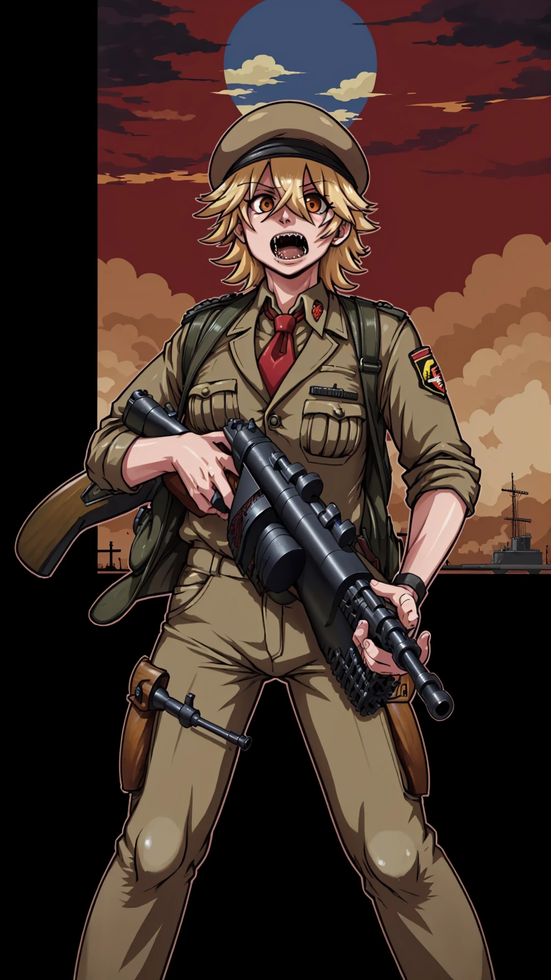 <lora:Tommy_Gun:0.8> thompson submachine gun, tommy gun, drum magazine, (holding a tommy gun with both hands:1.25), BREAK, <lora:cinematic explosion style 1.5:0.8> cinematic explosion style