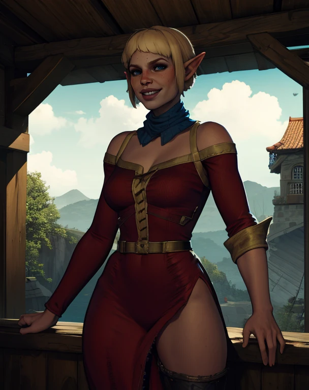 sera,blonde hair,short hair,blue eyes,
standing,smile,teeth,neck wrap,
red dress,detached sleeves,
tavern,
(insanely detailed,  masterpiece, best quality),<lora:SeraDA:0.8>,