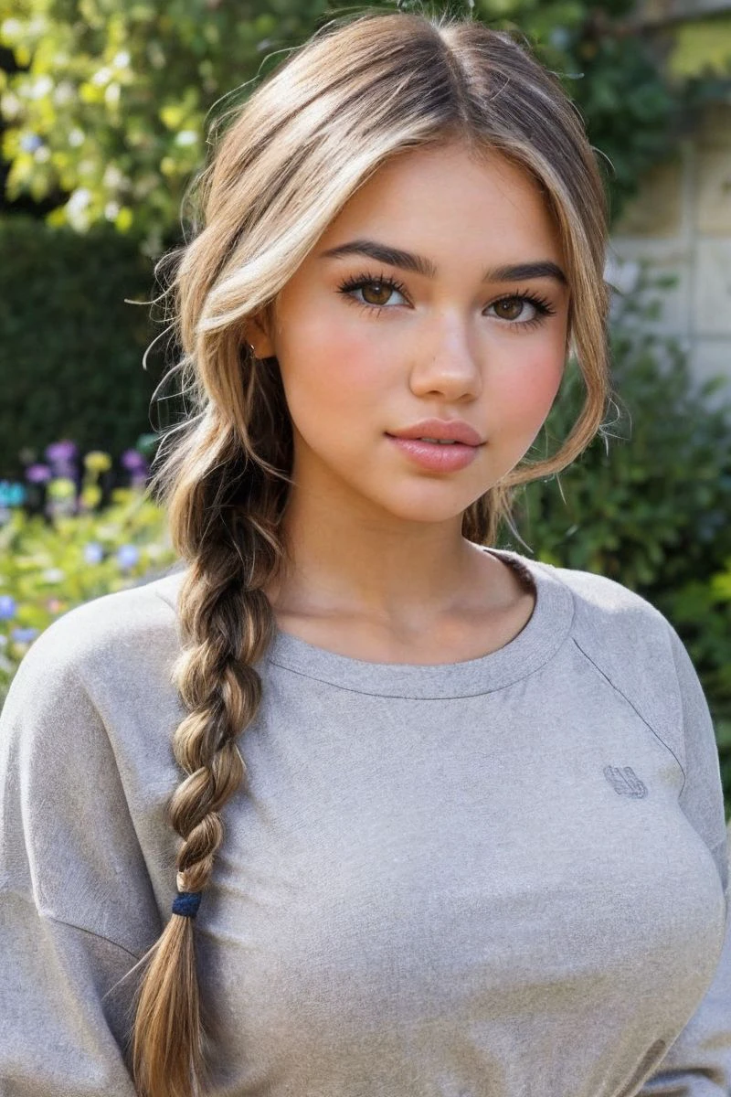 closeup headshot of S342_KhiaLopez,a beautiful woman,in a (garden),wearing a (crewneck:1.1),(braids),(4k, RAW photo, best quality, depth of field, ultra high res:1.1),(absurdres, intricate, photorealistic, masterpiece, ultra-detailed:1.1),