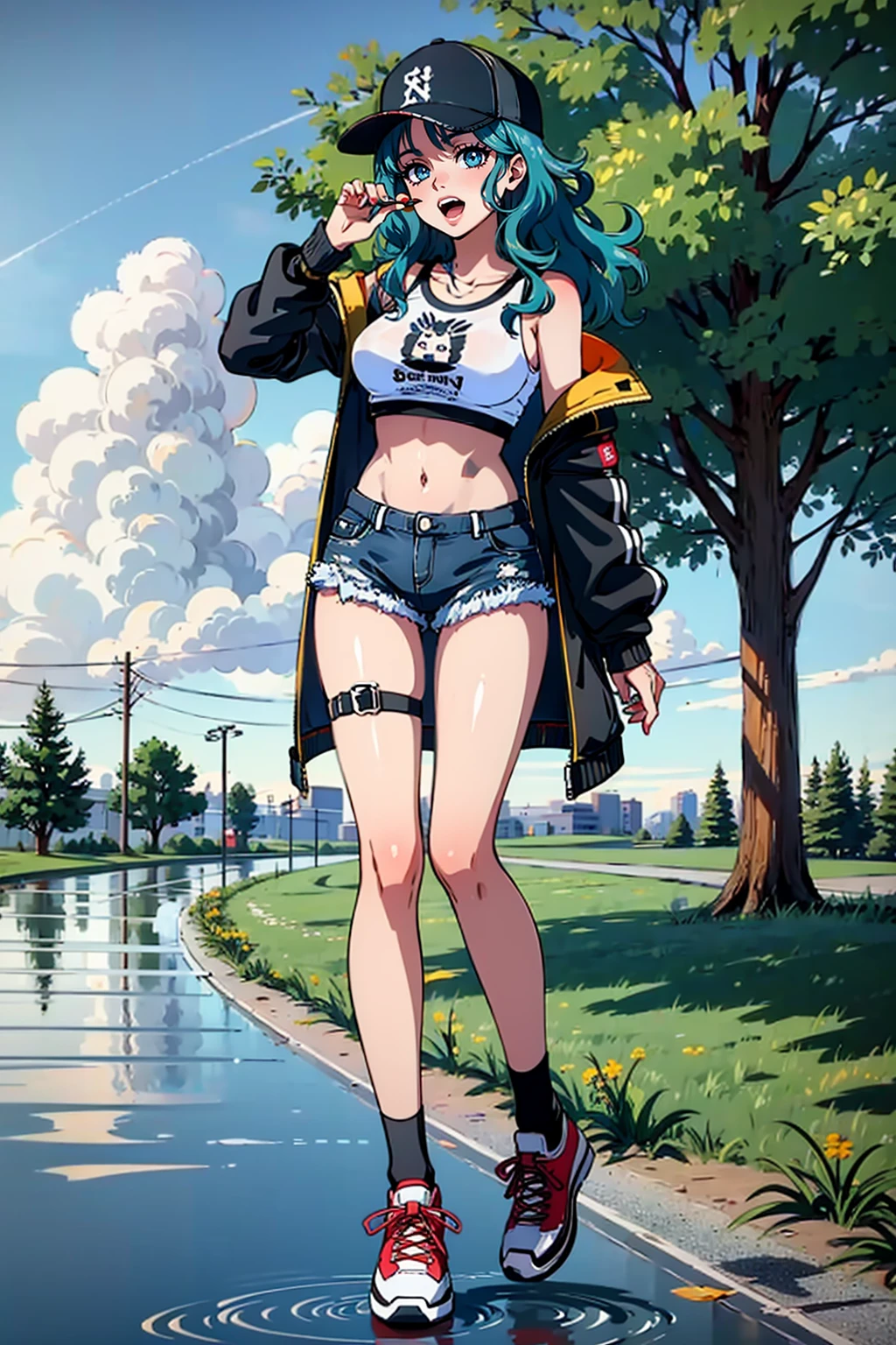 (ultra high res, ultra detailed, high resolution, highly detailed, 4k, 8k),(masterpiece), 1girl, solo, <lora:EPsmSailorNeptune-05:0.7>, EPsmSailorNeptune, blue eyes, long hair, detailed background,outdoors,hat,shorts,long sleeves,holding food,highres,crop top overhang,grey shorts,upper teeth only,colored inner hair,lollipop,multicolored hair,teeth,cross-laced footwear,open mouth,full body,thigh strap,absurdres,character print,hand up,sky,sleeves past wrists,open jacket,holding,day,tree,shadow,holding lollipop,navel,standing,holding hammer,midriff,jacket,puddle,holding candy,baseball cap,food,outdoors,candy,shoes,open clothes,crop top,blush,sneakers,streaked hair,water drop