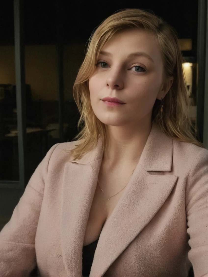 a beautiful picture of sydsnapXL, detailed skin texture,masterpiece, photorealistic, woman, 4k, RAW color photo,(fully in frame:1.1), (blush:0.5), (goosebumps:0.5),blonde,<lora:sydsnapXL:1> wearing a fancy jacket at night