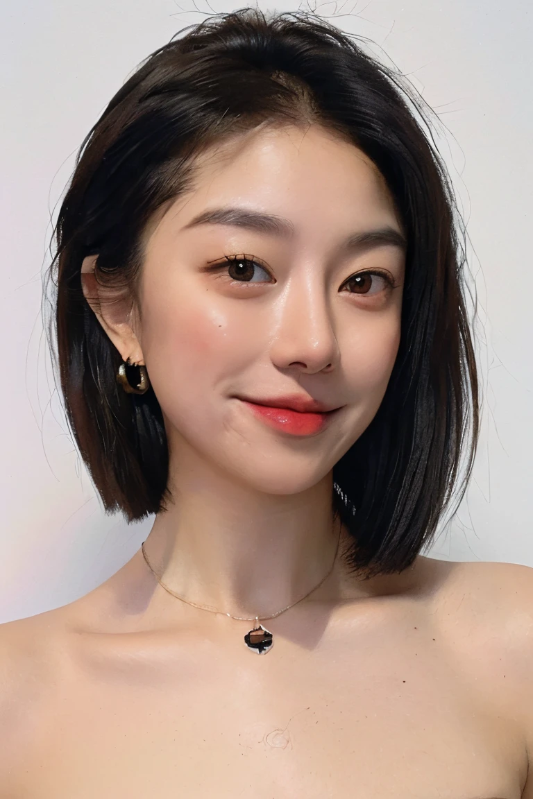 (masterpiece, top quality, best quality, (close-up photograph: 2), ((1girl)), korean, fair skin, (extremely detailed face), ((looking at viewer)), ((((ultra-detailed eyes and pupils)))),((((ultra-detailed lips)))) cheekbone, plump cheeks, ((bare pectorals)), ((bare chest)), ((tube dress)), bare head, ((bare shoulders)), symmetrical frame, (((strapless))), ((closed lips)), (((smile))), ((symmetrical pose)), (symmetrical face: 1.6), 35mm, ((((minimal plain white background)))), ((no lighting)),no watermark, ((medium hair)), <lora:luyao:0.7>