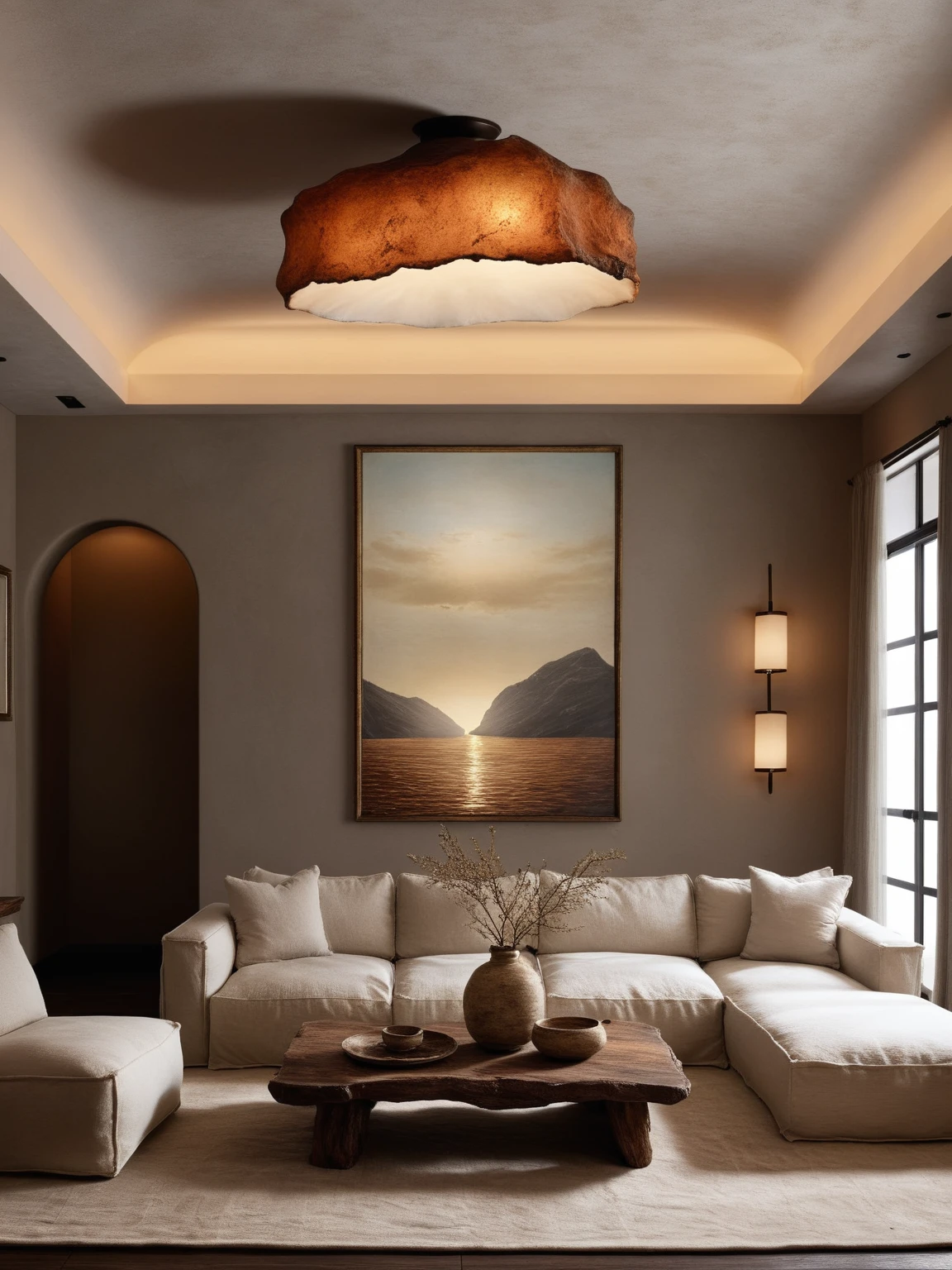 <lora:JJsWabiSabiStyle_XL:1>, ((Wabi Sabi)), ((best quality)),((masterpiece)),((realistic)),  photorealistic,  authentic, soft lighting, ,indoor scenery,sofa, table ,ceiling light, window ,  wall,