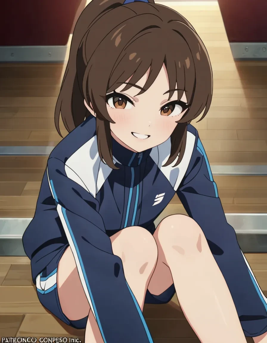 best quality,masterpiece,   4k, uncensored, prefect lighting, rating_explicit
1girl, solo,tachibana arisu, brown hair, brown eyes, long hair, bangs
tcbnarisu_CC, ponytail, shoes, track jacket,gym shorts
,smile ,upper body,  looking at viewer
,newest,official art,face focus
<lora:tachibanaarisu_animagine_v1:0.7>