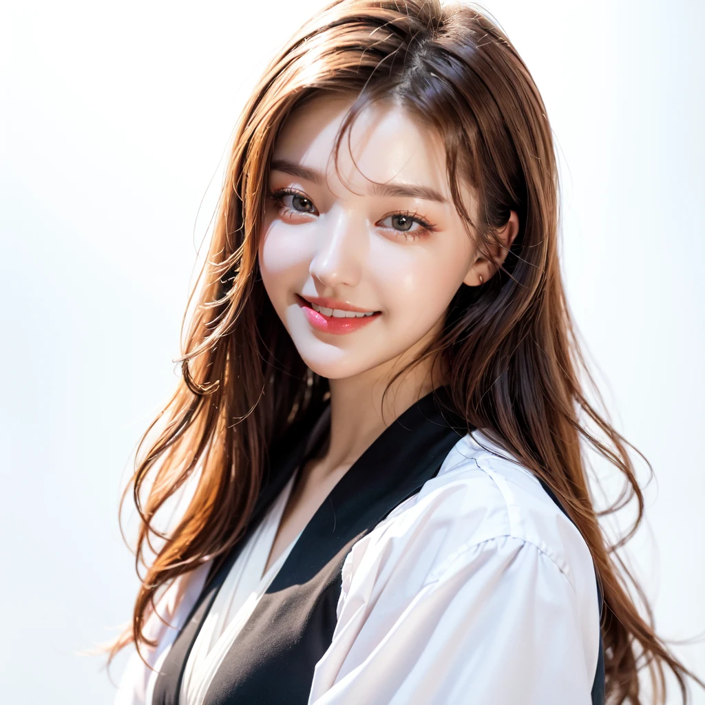 ultra high res, photo, 4k, absurdres, (incredible absurdity), ((masterpiece, best quality)), (wallpaper), (8k hd), <lora:AngelinaDanilova-05:1>, korean clothes, hanbok, solo, 1girl, smile, black hair, realistic, looking at viewer, simple background, traditional clothes, long sleeves, white background
