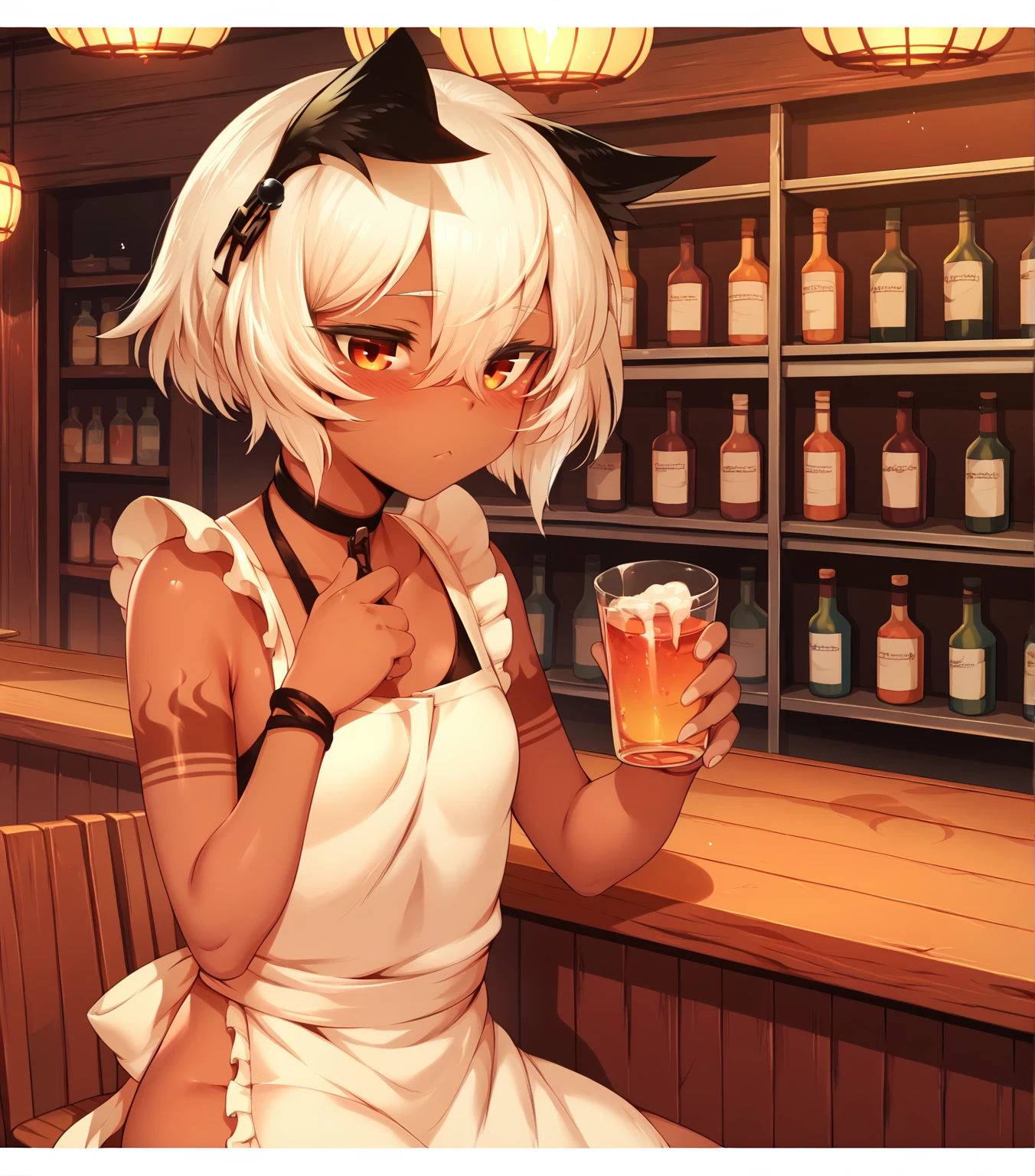 score_9, score_8_up, score_7_up, score_6_up, score_5_up, score_4_up, BREAK, bar,
<lora:strengthmdav2-11:1>, strengthmda, animal ears, white hair, small breasts, sitting, white dress, apron,