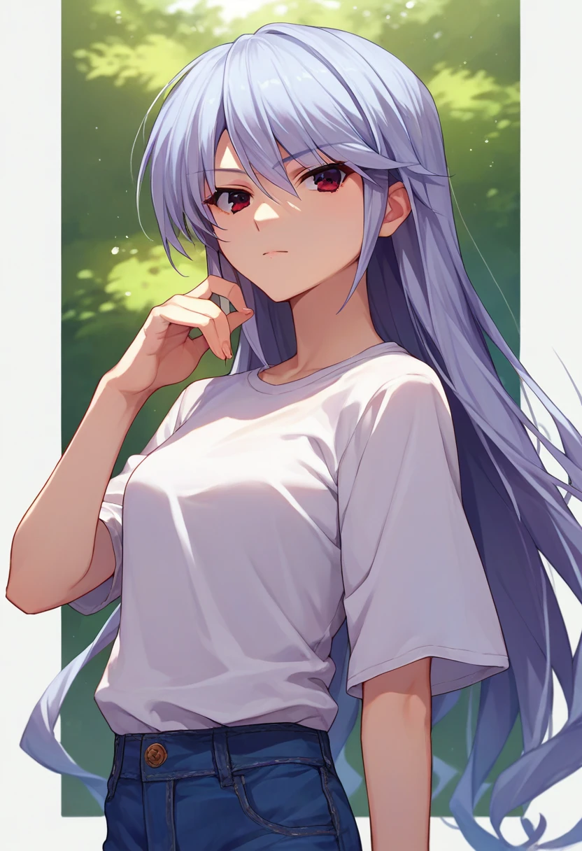 score_9, score_8_up, score_7_up, source_anime, 1girl, <lora:KazukiCAME-000007:1> kazami kazuki, silver hair, long hair, red eyes, white shirt, jeans,
