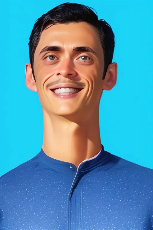 close up, hyper real, disney pixar 3d animation character of a man, looking at viewer, blue background, dark hair, simple background, closed mouth, kkw-ph1, <lora:LORA-XenoDetailer-v2:1>