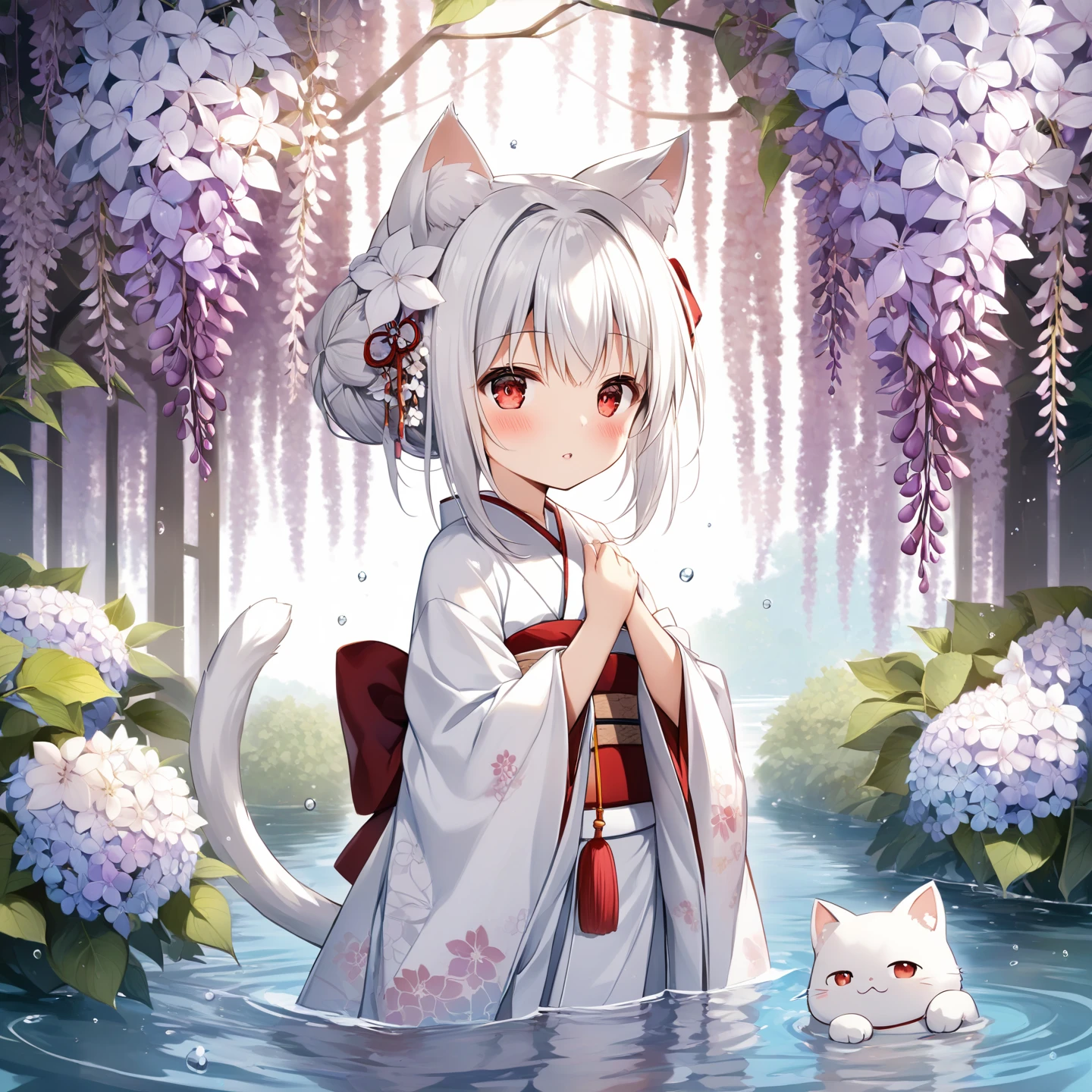 <lora:Yukikaze-SDXL:0.7>, Yukikaze, 1girl,  solo,  looking at viewer,  blush,  hair ornament,  red eyes,  long sleeves,  bow,  holding,  tail,  flower,  white hair,  parted lips,  japanese clothes,  hair flower,  wide sleeves,  kimono,  water,  hair bun,  cat tail,  animal ear fluff,  sash,  obi,  white flower,  cat girl,  wading,  white kimono,  hydrangea,  wisteria,  cat ears