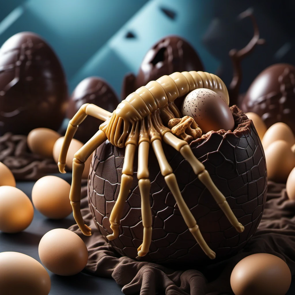 cinematic photo easter scenery, alien egg broken on top with a facehugger squid crawling out, chocolate eggs<lora:Facehugger1024:0.8> . 35mm photograph, film, bokeh, professional, 4k, highly detailed