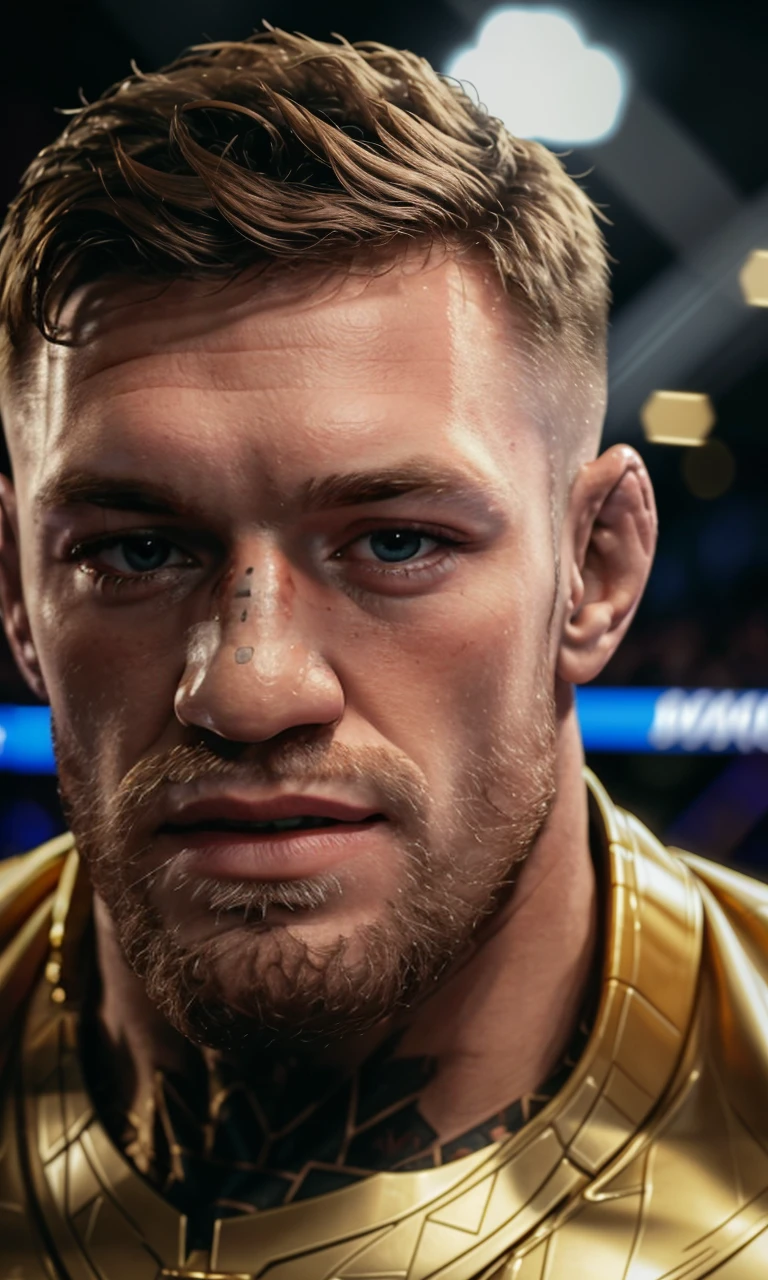 conmcg2024, 1man, 8k, uhd, masterpiece, detailed skin, skin pores, intricate, depth of field, raw image, broken nose, gold suit,