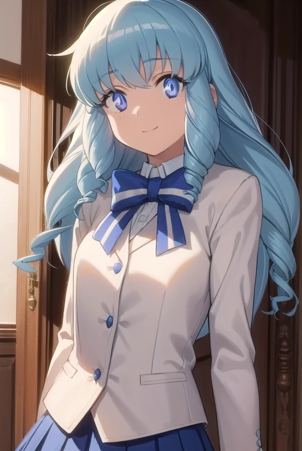 felicitationdudrakon, <lora:felicitation du drakon movie-lora-nochekaiser:1>,
felicitation du drakon, long hair, blue eyes, blue hair, drill hair, big hair, smile,
BREAK skirt, bow, jacket, pantyhose, pleated skirt, striped, bowtie, white skirt, white pantyhose, blue bowtie, blue jacket,
BREAK indoors, classroom,
BREAK looking at viewer, dynamic pose,
BREAK <lyco:GoodHands-beta2:1>, (masterpiece:1.2), best quality, high resolution, unity 8k wallpaper, (illustration:0.8), (beautiful detailed eyes:1.6), extremely detailed face, perfect lighting, extremely detailed CG, (perfect hands, perfect anatomy),