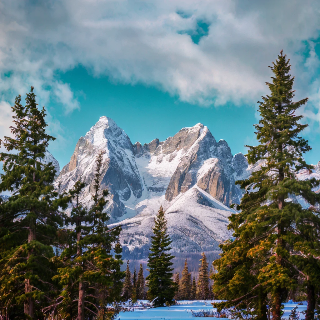 a view of a mountain range with trees in the foreground and snow capped mountains in the background