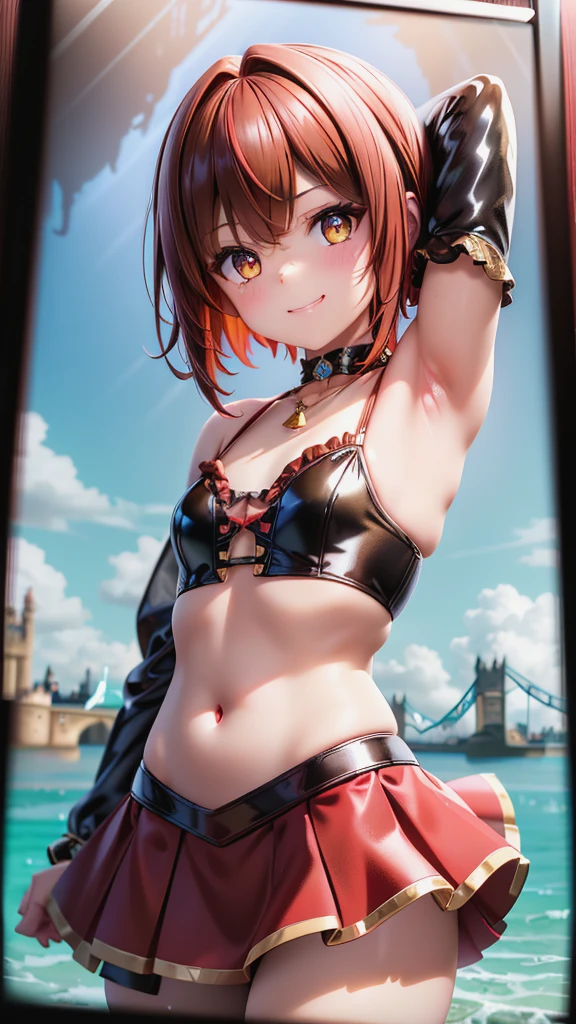 best quality, masterpiece, extremely detailed CG, official art , professional lighting, sakimiyairuka, (one side up), green scrunchie, hair ornament, red hair, green eyes, perfect face, gleaming skin, groin, cameltoe,