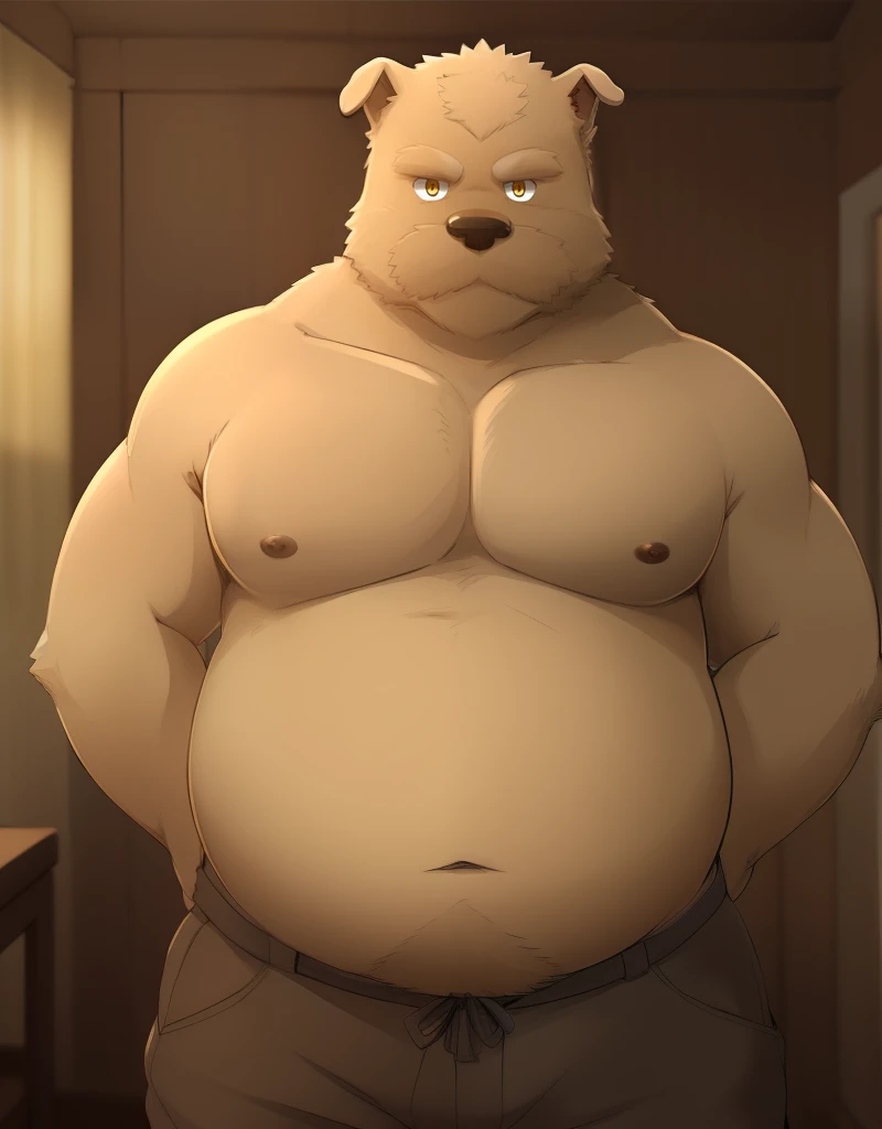  Realistic realistic_fur Ben bear, Ben (Zenless Zone Zero),brown eye (bedroom eye, brown fur, bear body _brown fur, big nipples, sweat :1.4, claws in five of paws in dark, verg big huge bulge, verg big huge pink_penetrating, Cum, (gold chain)), detailed eyes