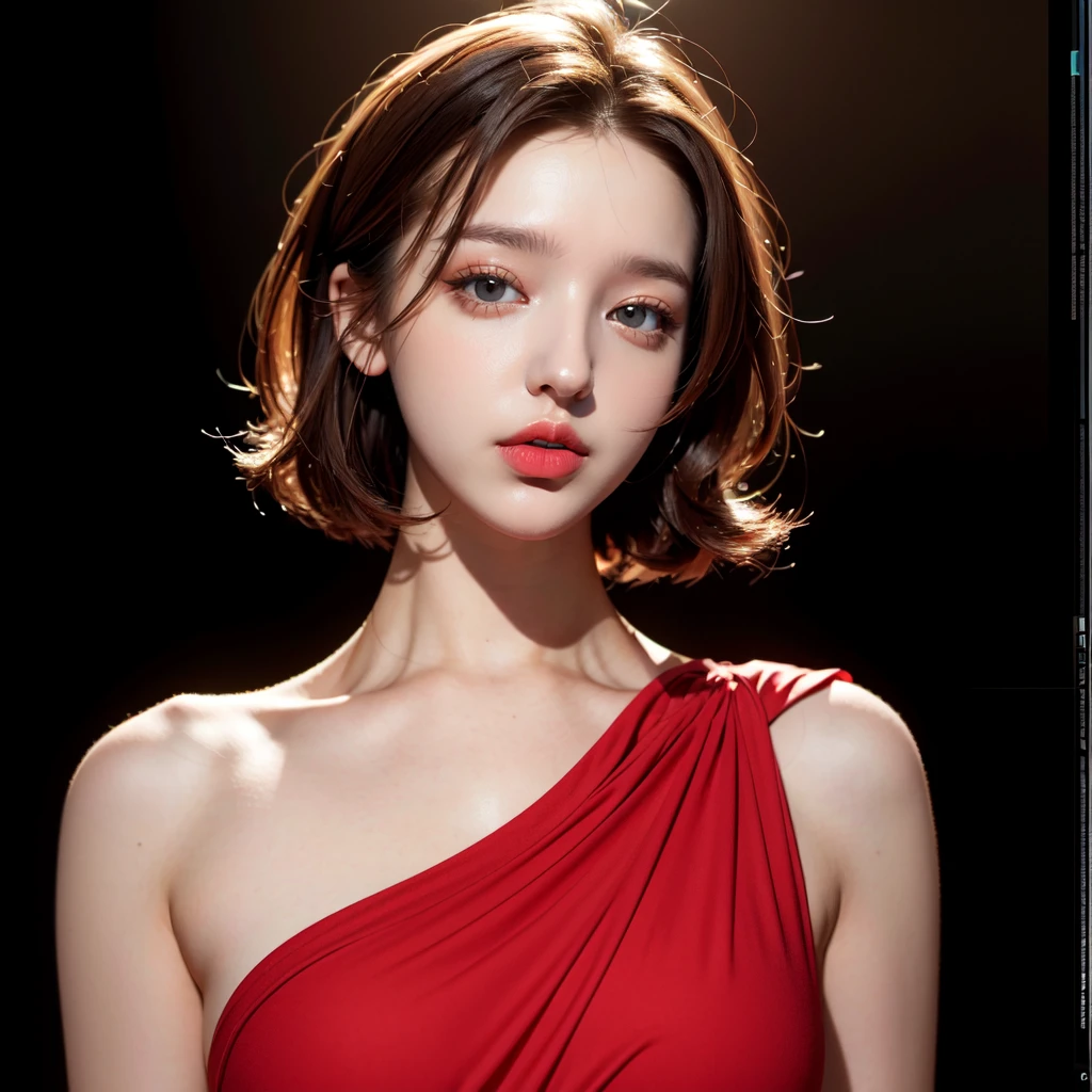 ultra high res, photo, 4k, absurdres, (incredible absurdity), ((masterpiece, best quality)), (wallpaper), (8k hd), <lora:AngelinaDanilova-05:1>, red dress, bare shoulder, long dress