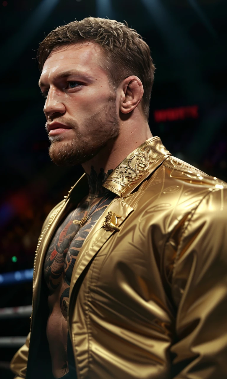 conmcg2024, 1man, 8k, uhd, masterpiece, detailed skin, skin pores, intricate, depth of field, raw image, broken nose, gold suit,