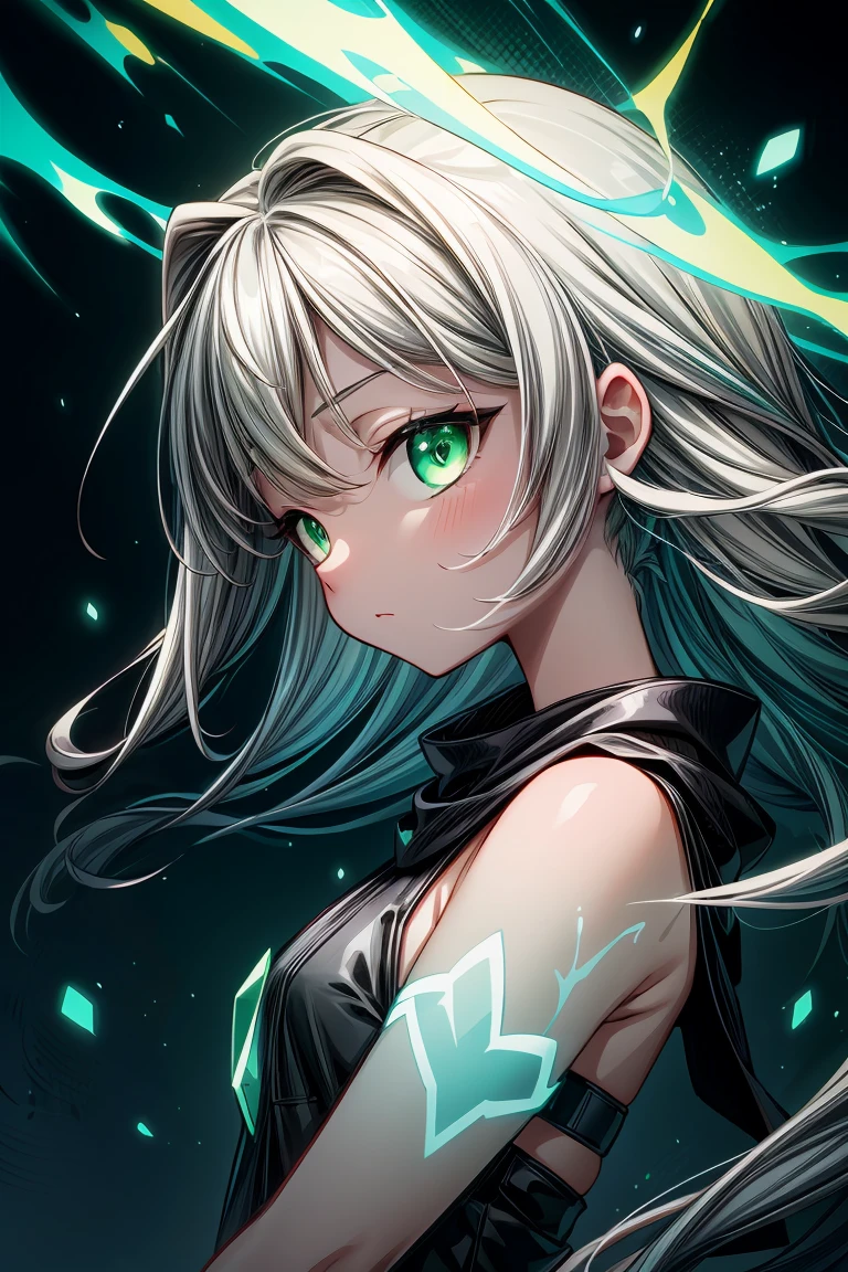greyscale, (green theme:1.3),1girl,solo,badass,cold,((Detailed)), ((Masterpiece)), ((Impressive)), ((Elegant)), ((Mind-blowing)), ((Phenomenal)), anime, Shojo, Romance, Drama, digital artwork, Digital masterpiece, Digital masterpiece, Digital illustration, neon light, Neon illumination, Electrifying light, Vibrant glow, 35mm, Panoramic view,Illustration,Cover,enigmatic figure,draped in translucent fabric,crystals adorning hair,dreamlike swirl,pastel hues,soft light,evoking calm serenity and elusive beauty,Non-representational,colors and shapes,expression of feelings,imaginative,highly detailed,fingerless_gloves,headwear,green_eyes,looking_at_viewer,upper_body,from_side