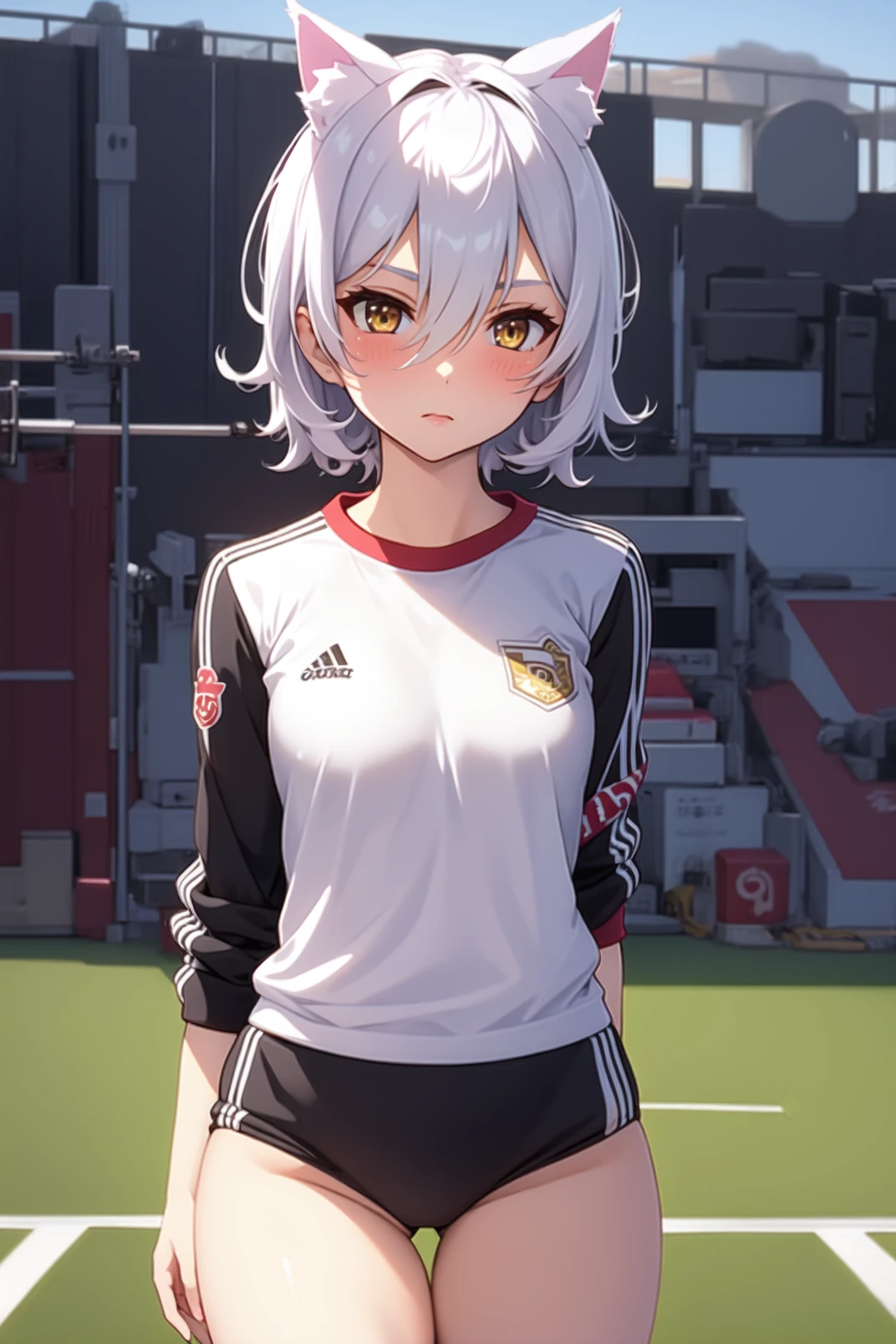 1girl, solo, (masterpiece, best quality), outdoors, stadium, standing, small breasts, looking at viewer, blush, thighs, maya, yellow eyes, short hair, white hair, hair between eyes, cat ears, white shirt, medium sleeves, gym shirt, gym uniform, baruma 