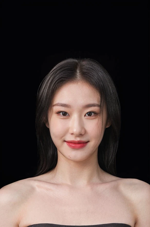 (extremely detailed eyes), korean idol, (((strapless))), raw photo, 1girl, (looking at viewer), upper body, ((full plain black background:1.3)), (Strapless_tube_top:1.5), bare shoulders, (((bare neck))), bare head, collarbone, (((closed mouth smile))), ((long black hair:1.3)), natural skin colour, <lora:chaeryeonglorashyv1_5:0.85>