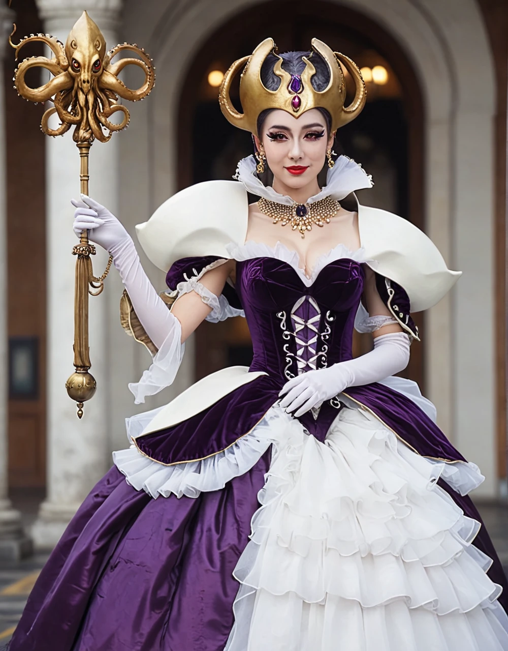 juuzaxl. upper body of a beautiful woman in dynamic pose with soft smile and makeup wearing a deep purple and white (queen-octopus-inspired:1.3) puffy bouffant wide ballgown with puffy sleeves and long billowing cape and mask, jewelry, long elbow gloves, transparent veil, (big golden headgear-with-tentacles:1.5). detailed eyes, ultra-hd-photos, ultra-detailed, throne room background. <lora:juuzaXL:0.7> <lora:kaijinXLV3:0.75>