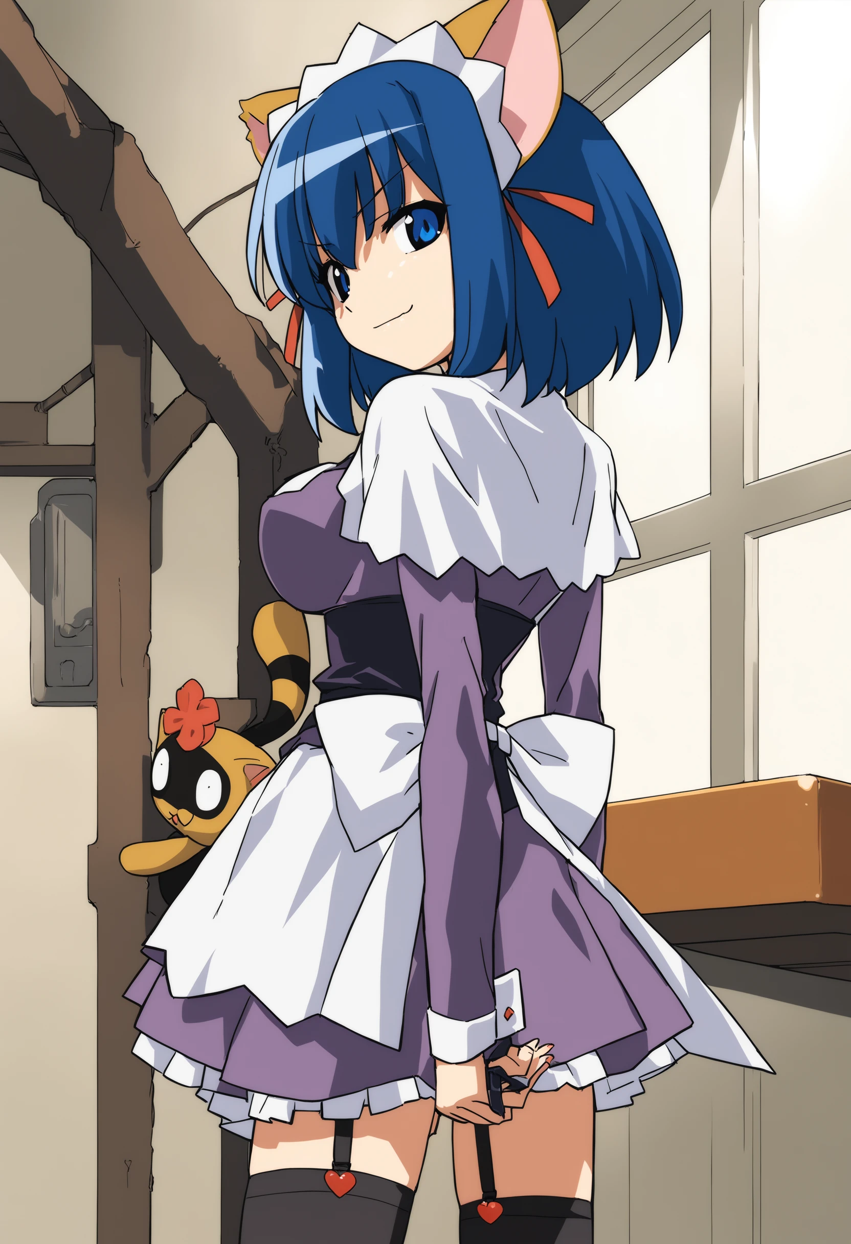 1girl, mmkoyori , nurse witch komugi-chan,<lora:koyoriXLv1:0.8>,
solo, animal ears, blue hair, blue eyes, short hair, maid, maid headdress,garter straps, zettai ryouiki, black legwear,
from side, feet out of frame, looking back, evil smile, refectory, closed mouth,
best quality,medium quality,