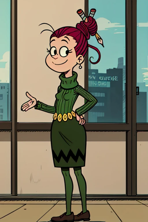 agnesj, 1girl,solo, turtleneck, pencil in hair, hair bun, single hair bun, green sweater, belt, green skirt, brown footwear, black eyes,looking at viewer ,smile,school,standing,hands behind back, <lora:AgnesJohnson(3.0):0.6>