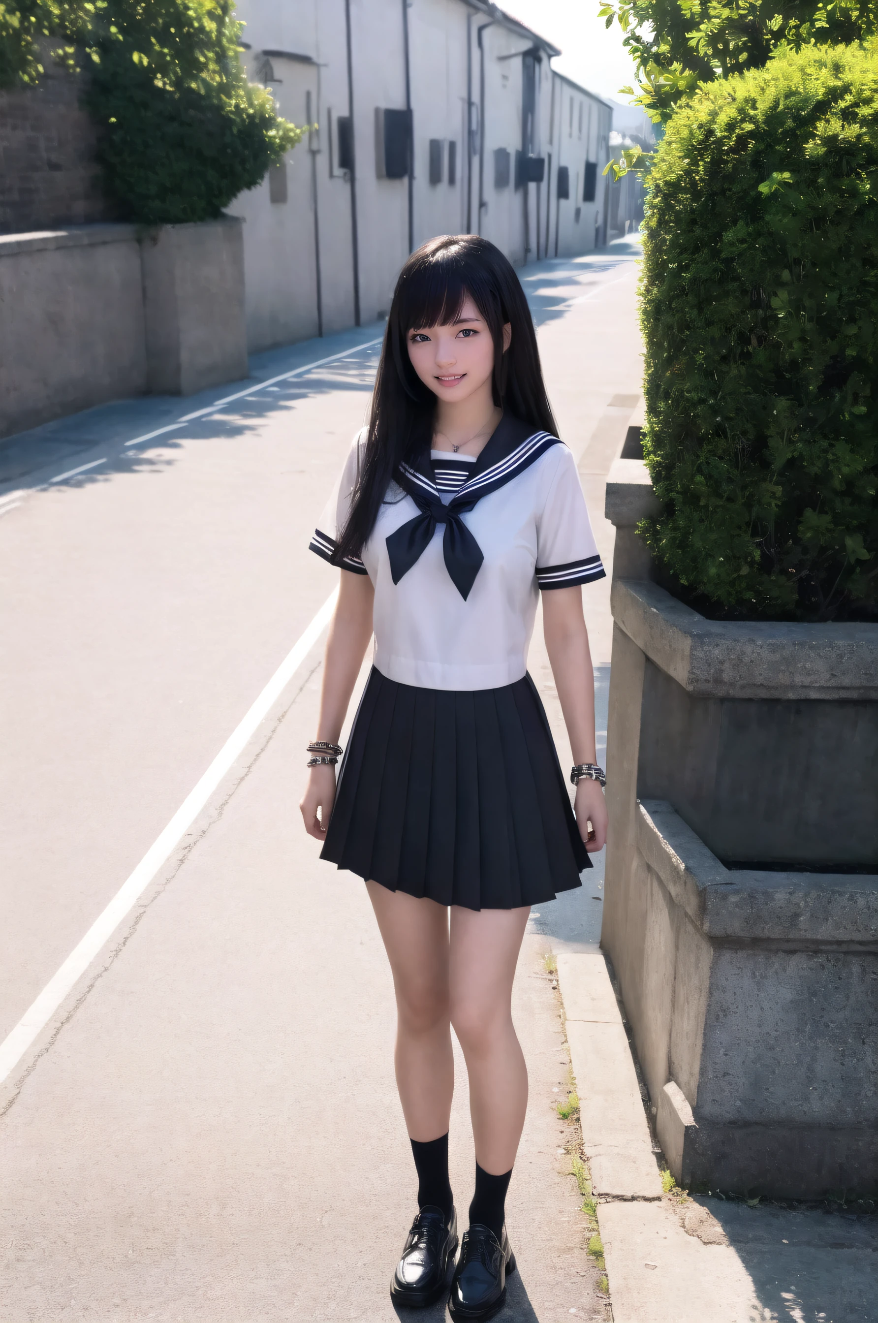 masterpiece, best quality, official art, extremely detailed , ultra high res, ultra detailed, incredibly absurdness, Ultimate detail, Clothing details, middle breast, wide shot,
(1girl:0.7), extremely beautiful face, (white ankle socks:0.8), outdoors,  (leather shoes:0.7), hair ornament,  sailor collar, pleated skirt, Jade bracelet,
((haunting smile, long hair, black hair)),(Fluffy hair:0.75), watery eyes, realistic skin, best shadow, soft light,(short-sleeved),original, full body, jk,
 <lora:jk shuishou_20230607235321-000012:0.75>