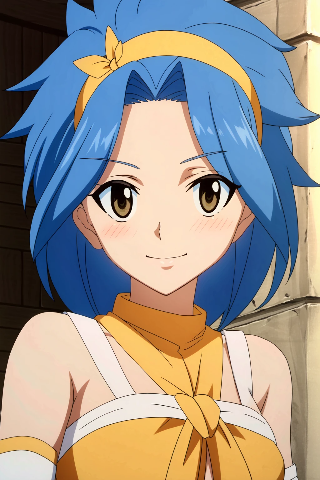 (extremely detailed CG unity 4k wallpaper),(masterpiece),(best quality),(ultra-detailed),(best illustration),(best shadow),(absurdres),(detailed background) <lora:OGT_Levy-v1:1> Levy McGarden, blue hair, smile, 1girl, brown eyes, hairband, looking at viewer, orange hairband, short hair, bare shoulders