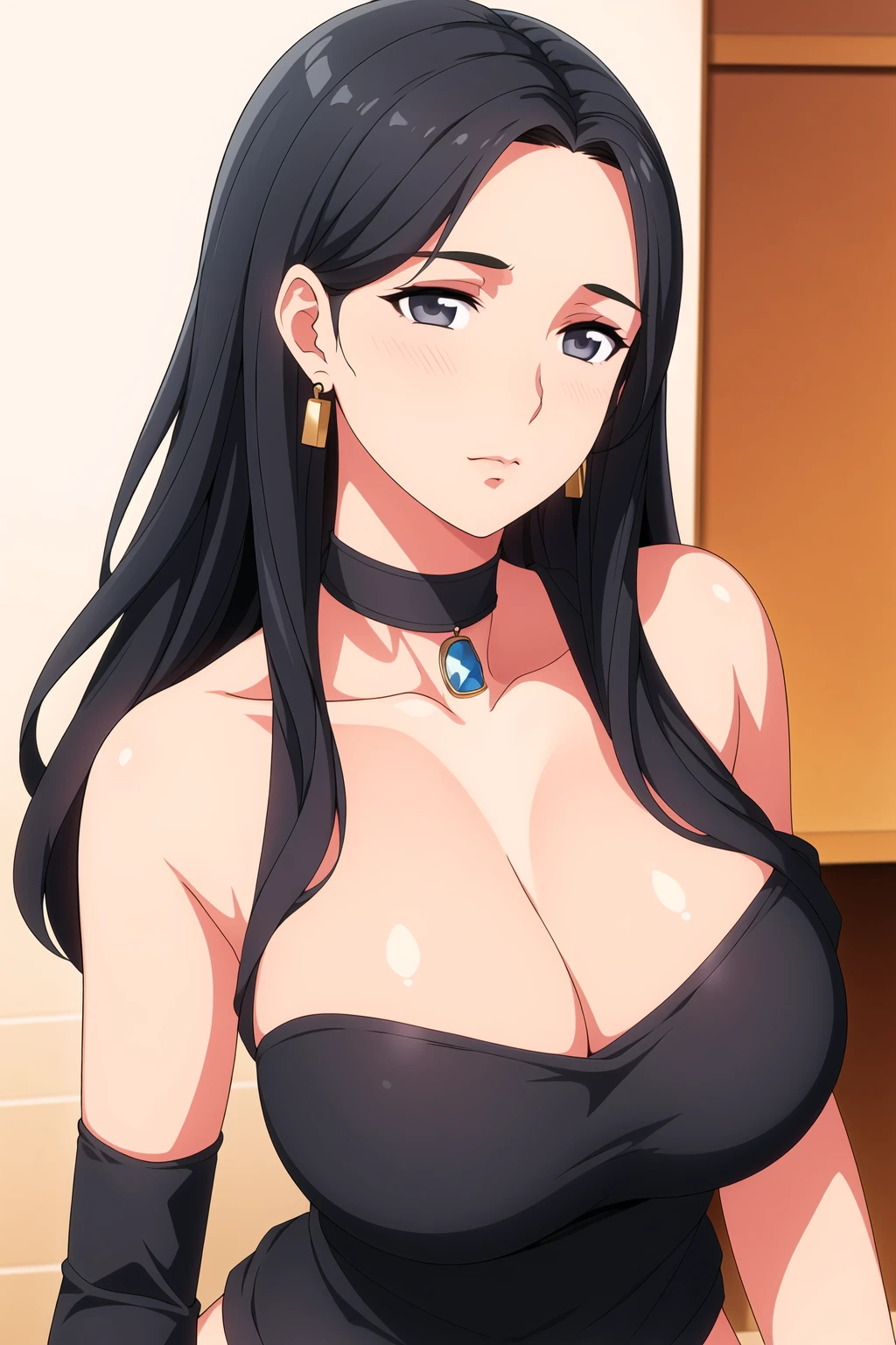score_9, score_8_up, score_7_up, score_6_up, score_5_up, score_4_up, (8k, RAW photo, best quality, masterpiece:1.2), black hair, long hair, front view detailed body, long belly , Slender body, tight body , thicc, medium breast , thicc thighs,Seoldef, black hair, black eyes, long hair,  1girl, black_hair, long_hair, solo, 1girl, solo, jewelry, long_hair, earrings, black_hair, skirt, realistic, night, strapless, midriff, bare_shoulders, full body 