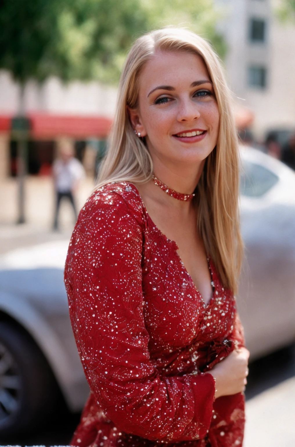 raw photo of s4brina <lora:s4brina:1>, detailed skin,blonde, detailed eyes, epiCPhoto, dslr, wears red sexy dress:1, (bokeh:1.2), cinematic, photography By David Hamilton, in the city, sunny day, looking at viewers, upper body, smiling, render, octane, fine art photography, pale white skin