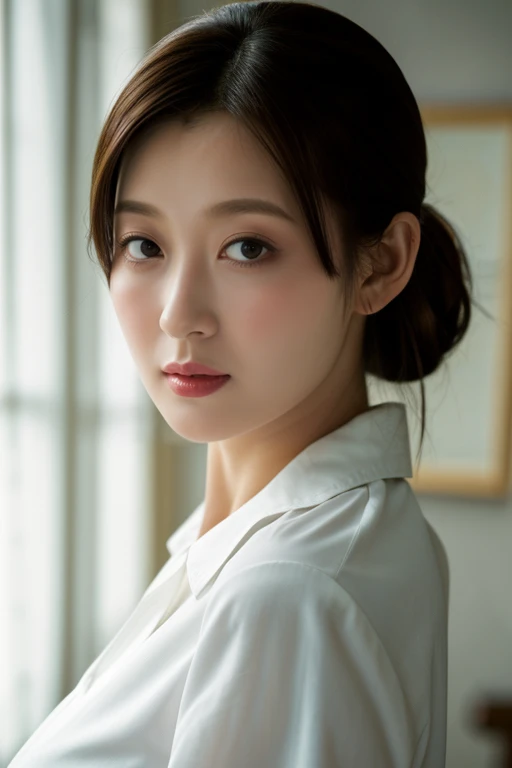 (masterpiece,best quality:1.5),ultra realistic,32k,RAW photo,(high detailed skin:1.2), 8k uhd, dslr, soft lighting, high quality, film grain,soft light ,pretty lady, royal style, silver accessories, sexy, ( ), DayGlo yellow buttoned shirt , low ponytail ,(sexy),hwgirl,