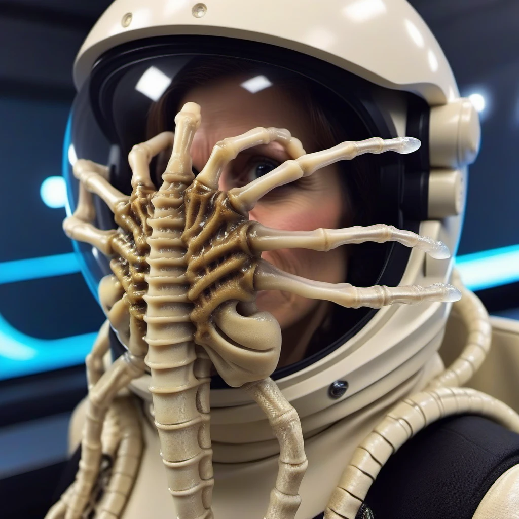 cinematic photo a squid skeleton on Sigourney Weaver face wears a spacesuit, space <lora:Facehugger1024:0.8> . 35mm photograph, film, bokeh, professional, 4k, highly detailed