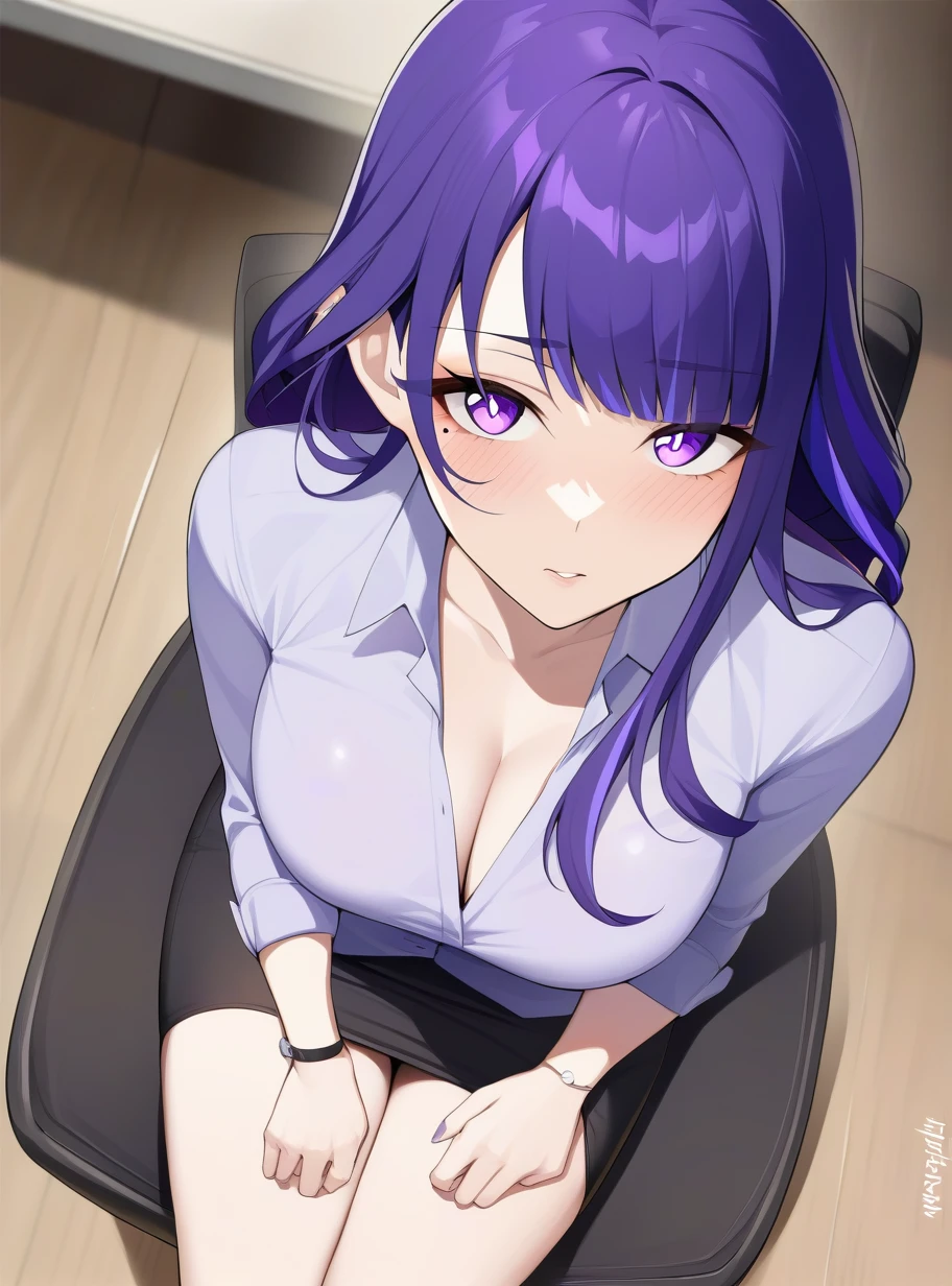 raiden shogun, 1girl, office lady, blush, indoors, purple hair, chair, sitting, solo, purple eyes, long hair, looking up, looking at viewer, masterpiece, from above, braid,