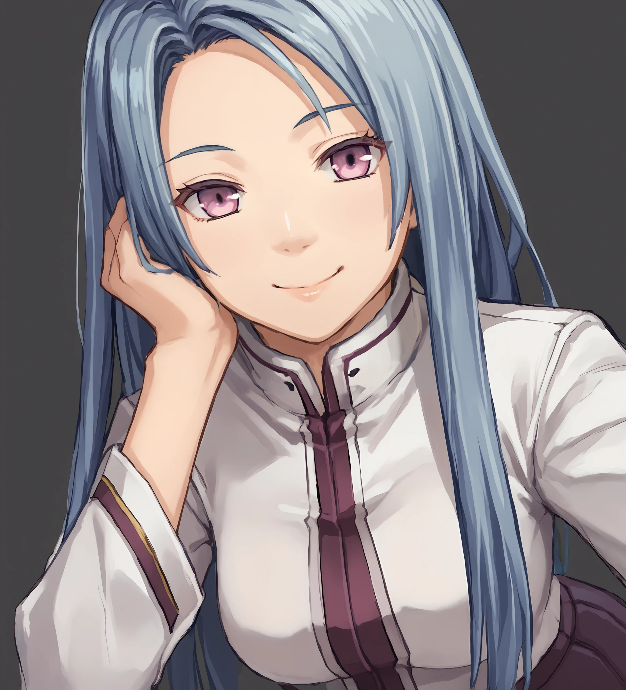 score_9, score_8_up, score_7_up, score_6_up, score_5_up, score_4_up, BREAK source_anime,
<lora:TrailsOfColdSteel-Erebonians:0.9>, Aurier Vander, long hair, blue hair, lavender eyes, medium breasts, white shirt, purple skirt, long skirt, flat shoes,
<lora:camonome:0.8>,
looking at viewer, happy, smile, upper body, portrait,
simple background,