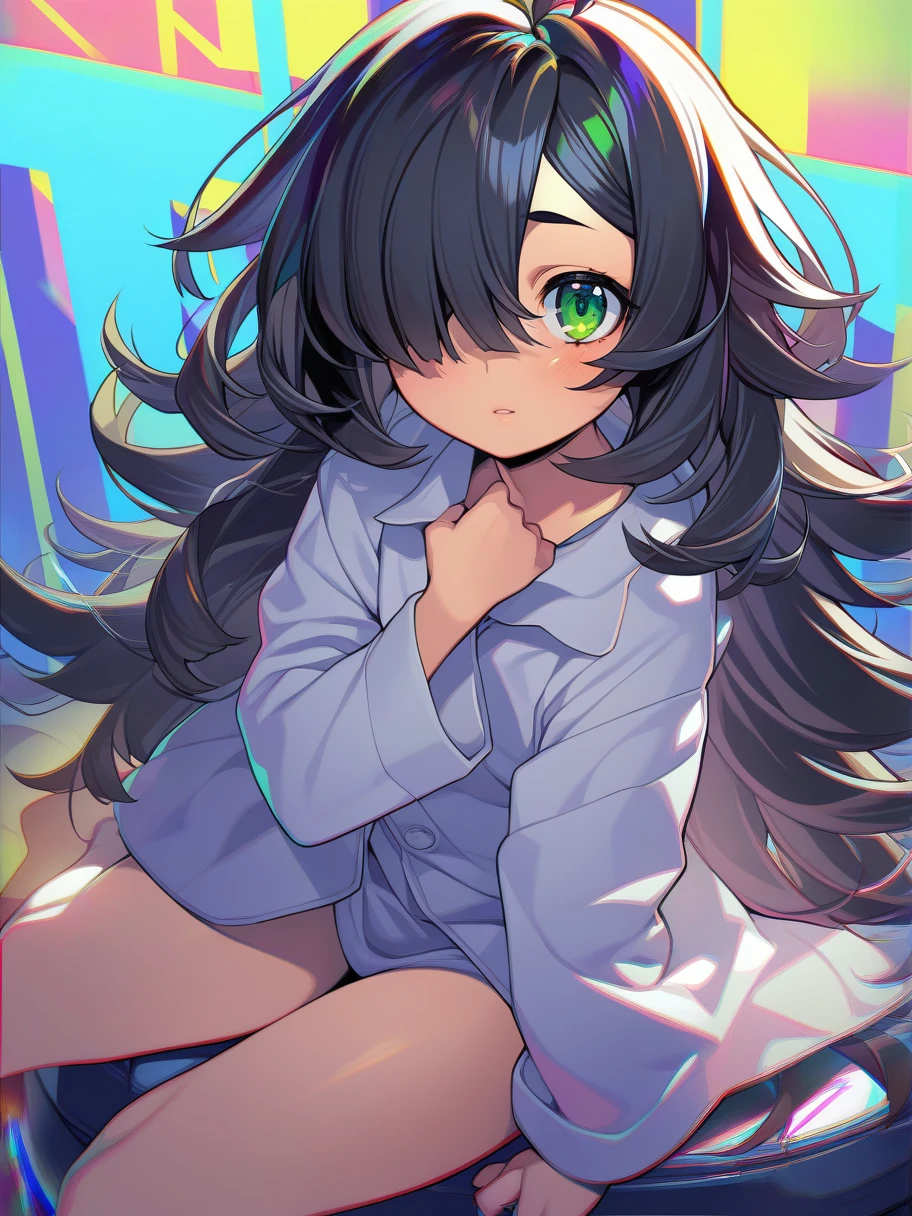 1girl, onono imoko, black hair, green eyes, hair over one eye, messy hair, solo, sitting, masterpiece, chromatic aberration, multicolored background
