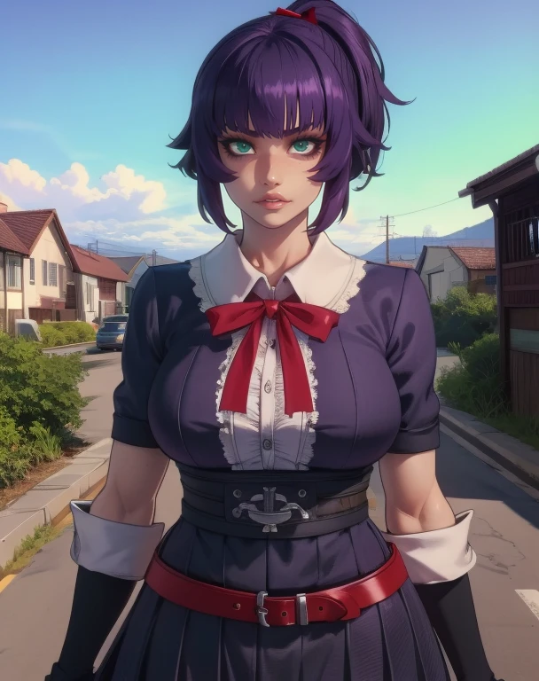 Saaya,purple hair,green eyes,ponytail,bangs,slit pupils,
black school uniform,red ribbon,fingerless gloves,belt,skirt,
solo,standing,serious,looking at viewer,
morning,town,
(insanely detailed, beautiful detailed face, masterpiece, best quality),<lora:Saaya:0.8>,