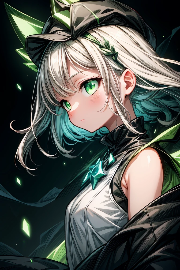 One young woman short white hair Glowing green eyes Black Skirt Green glowing magic in hand smile Black clothes Bust Size B Black gloves