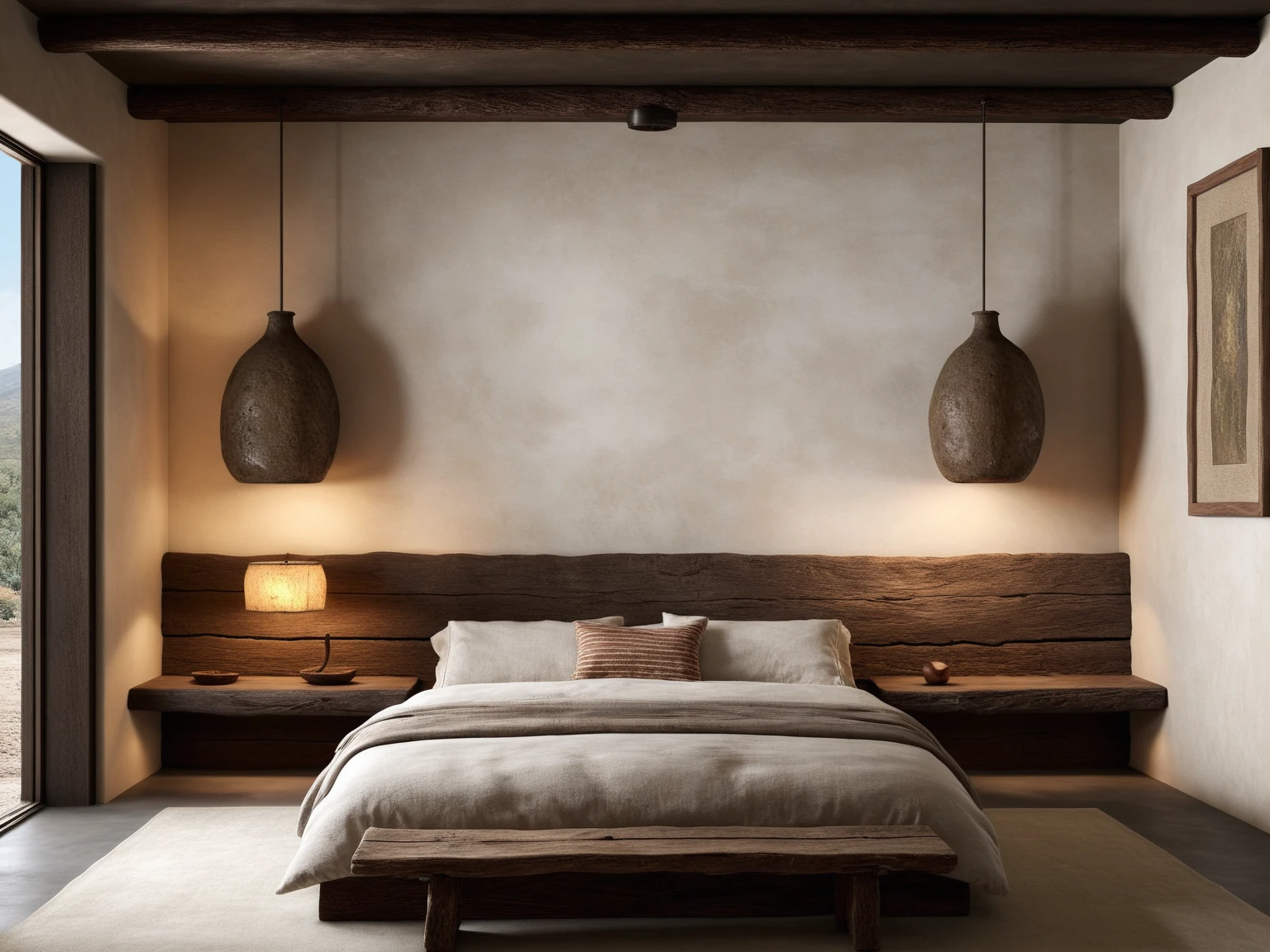 <lora:JJsWabiSabiStyle_XL:1>, ((Wabi Sabi)), ((best quality)),((masterpiece)),((realistic)),  photorealistic,  authentic, soft lighting, ,indoor scenery,bed, table ,ceiling light, window ,  wall,