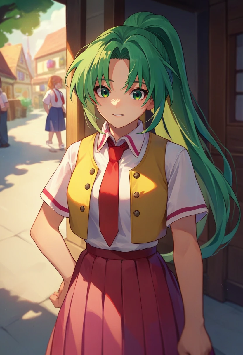 score_9, score_8_up, score_7_up, source_anime, Mion Sonozaki, green eyes, ponytail, white shirt, red necktie, yellow vest, red skirt, village, <lora:MionCAME2-000008:1>