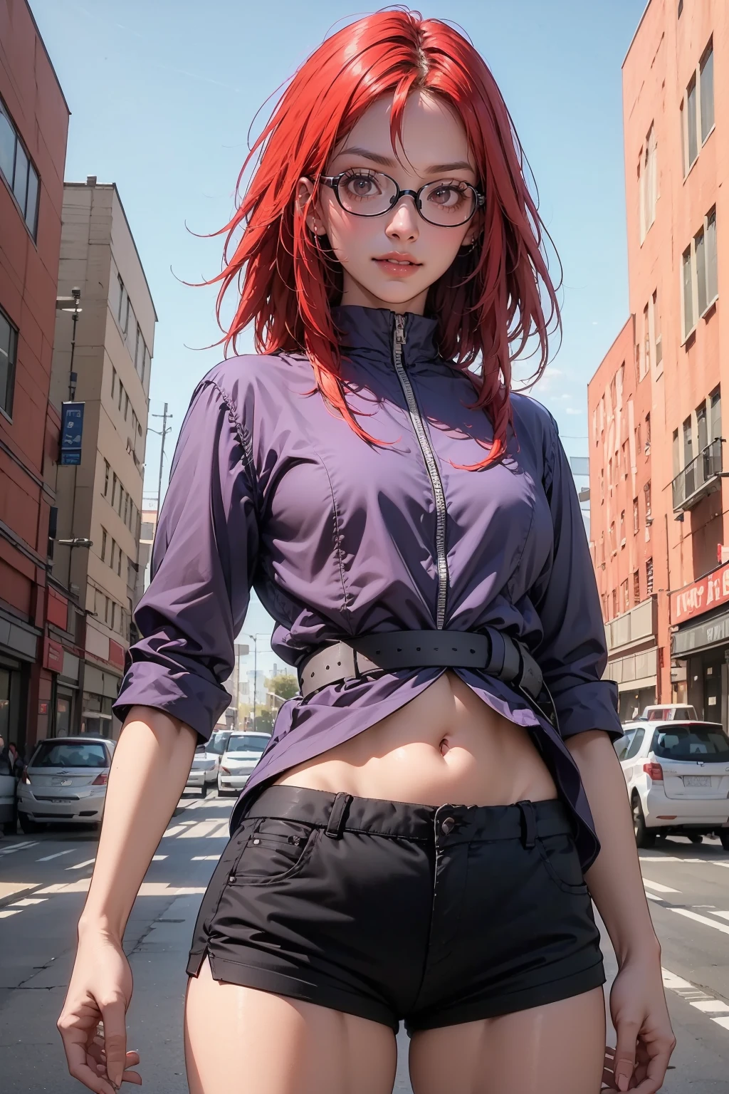 <lora:xiang-7:0.8>,(face lighting:0.8),bright backlight,super high resolution,best quality,Photos,4k,(Realistic:1.2),xiang,shorts,solo,thigh,red hair,navel,belt,outdoor,glasses,look at the audience,