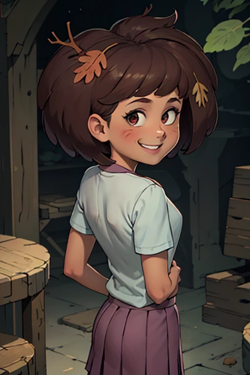 <lora:AnneAmphibia3.0:0.6> anne, 1girl, brown hair, short hair, solo, leaf on head, grey shirt, skirt, pleated skirt, standing,looking at viewer, smile, arms behind back,