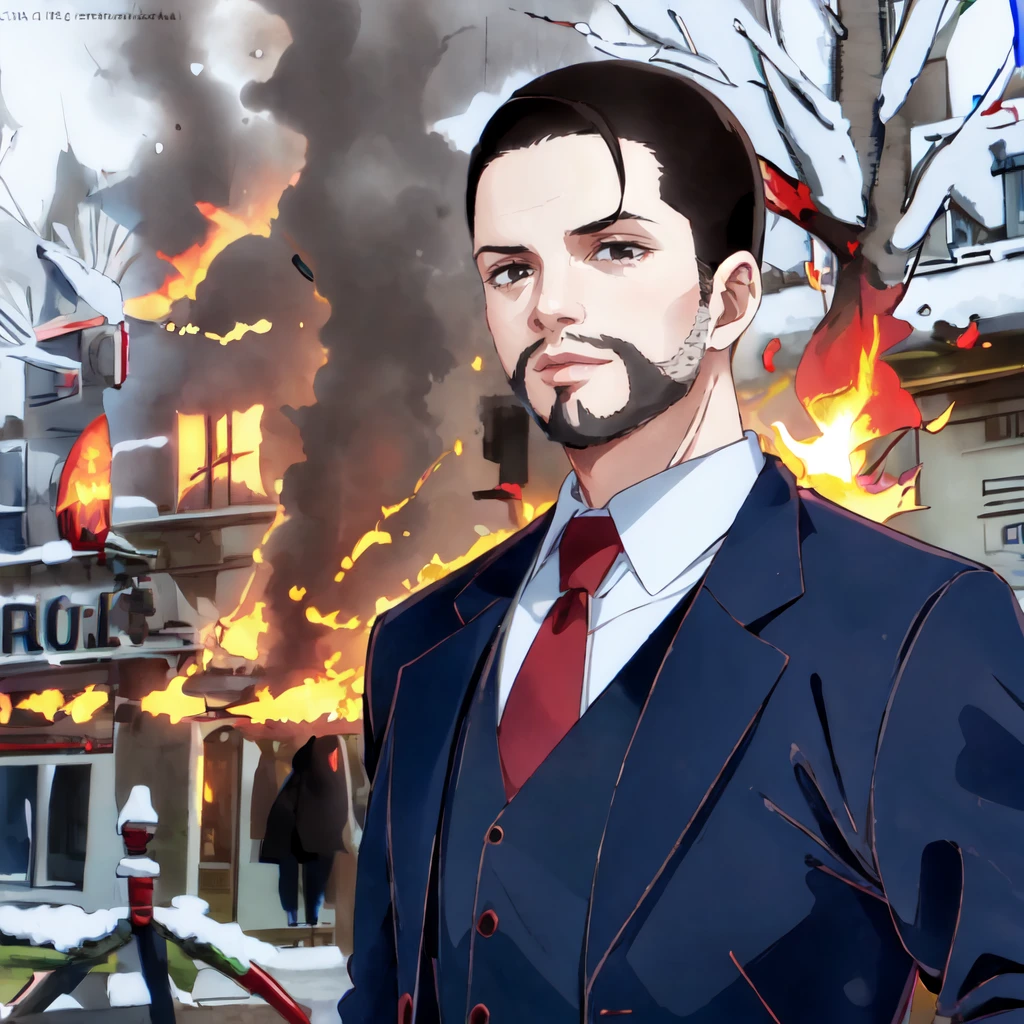 Highly detailed, High Quality, Masterpiece, beautiful, 1man, IncrsDisasterGirlMeme, fire, smile, outdoors, Maeda, black hair, short hair, black eyes, facial hair, white collared shirt, red necktie, dark blue vest, dark blue jacket<lora:EMS-45714-EMS:1.000000>, <lora:EMS-311919-EMS:0.800000>