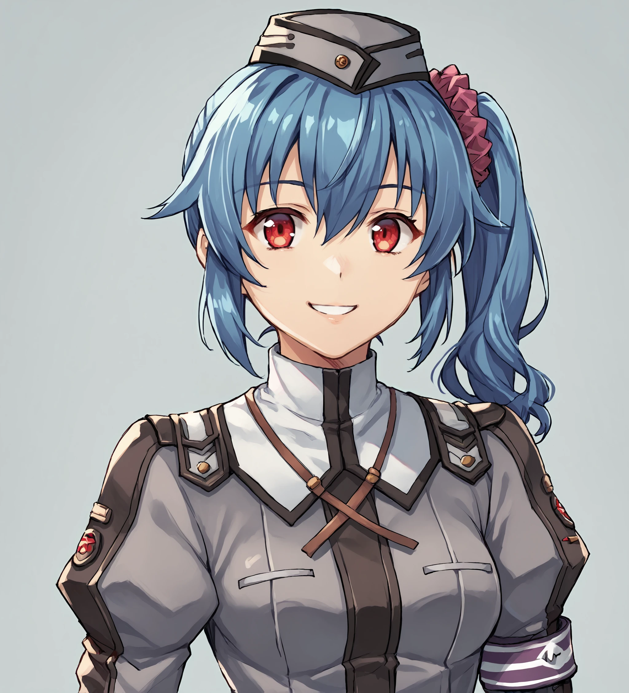 score_9, score_8_up, score_7_up, score_6_up, score_5_up, score_4_up, BREAK source_anime,
<lora:TrailsOfColdSteel-Erebonians:0.9>, clairermp, blue hair, side ponytail, scrunchie, red eyes, medium breasts, garrison cap, grey headwear, grey military uniform, grey pants, purple belt, brown boots,
miyuki_\(miyuki0529\),
looking at viewer, happy, smile, upper body, portrait,
simple background,
