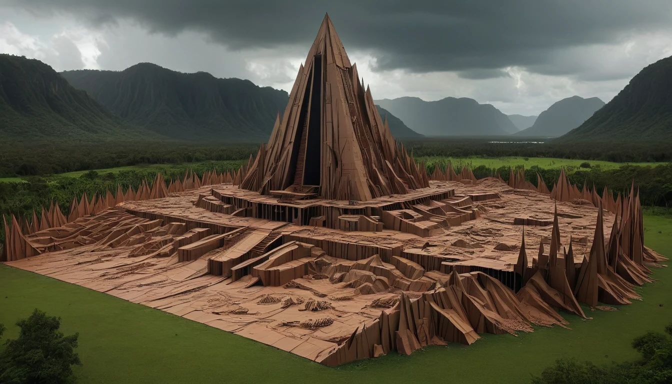 CardboardRay, landscape of a (Nauru:1.3) , it is Level, it is dressed in a cardboard that was forged by a Xenomorph, It is Impressive, lush mountains, Stormy weather, Auroracore, and neon hue, "In the depths of solitude, a soul finds solace, embracing the whispers of its own existence."