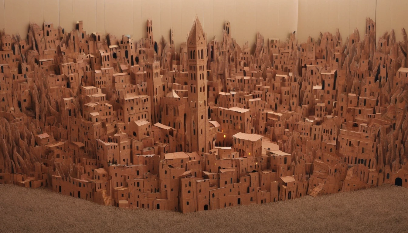 CardboardRay, landscape of a Siena, dressed in Bioluminescent cardboard, at Overcast, photography art, art by Jon McNaught, Ultrarealistic, side lit