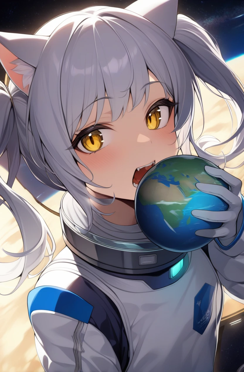 masterpiece, 1girl, spacecraft interior, spacesuit, upper body, science fiction, yellow eyes, twintails, silver hair, cat ears, looking at viewer, open mouth, holding earth \(planet\), eating,