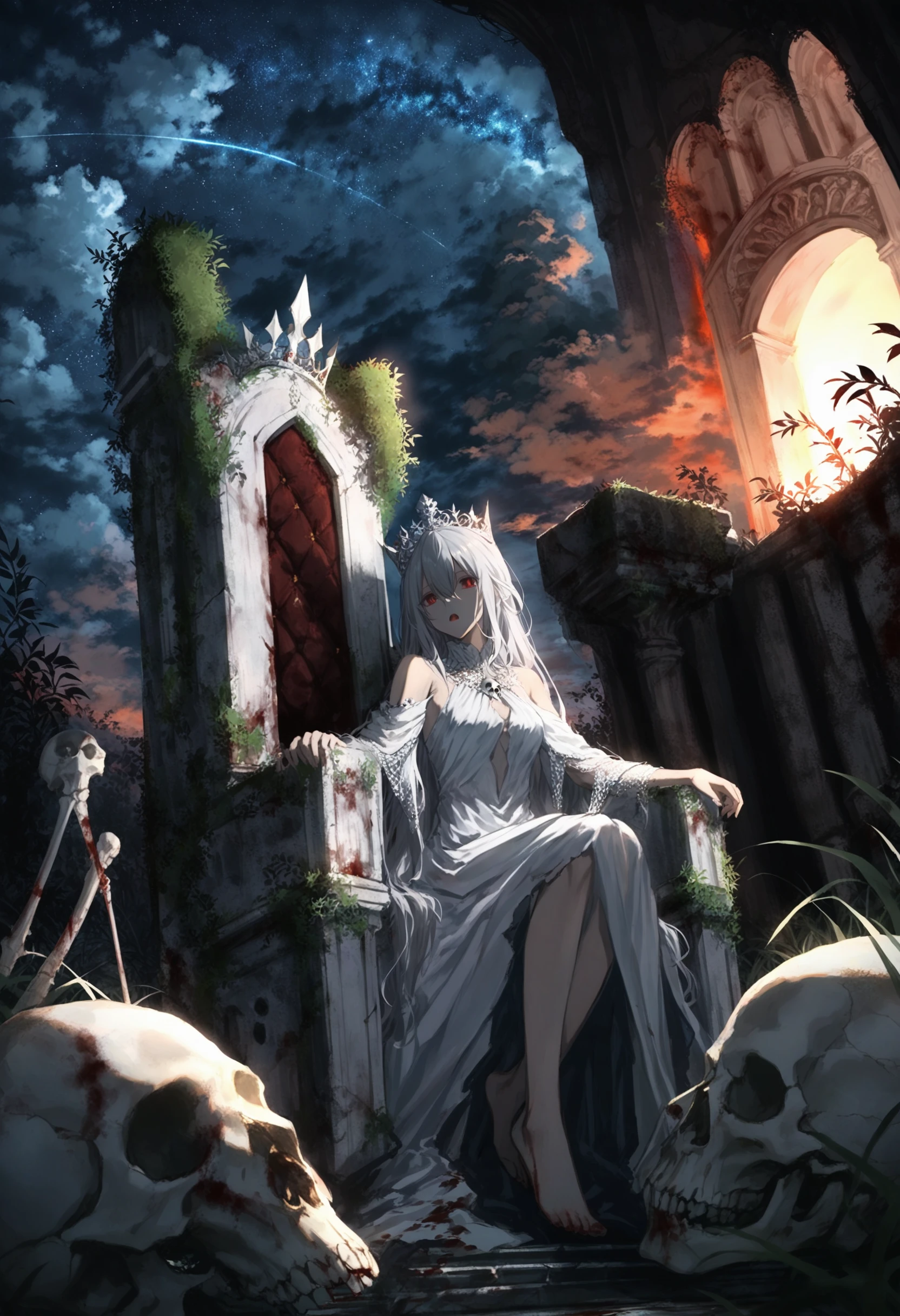 masterpiece, best quality <lora:sd_xl_dpo_lora_v1-128dim:1>,1girl, dress, white dress, red eyes, long hair, crown, white hair, barefoot, sitting , skull, food, throne, very long hair, blood , bone, open mouth, hair between eyes, solo, looking at viewer, fruit, bare shoulders ,sky, scenery, cloud, outdoors, star (sky), starry sky, ruins, tree, cloudy sky, night, overgrown, grass, night sky, sunset, plant , <lora:ABKSKXLlokr2f-000147:1>
